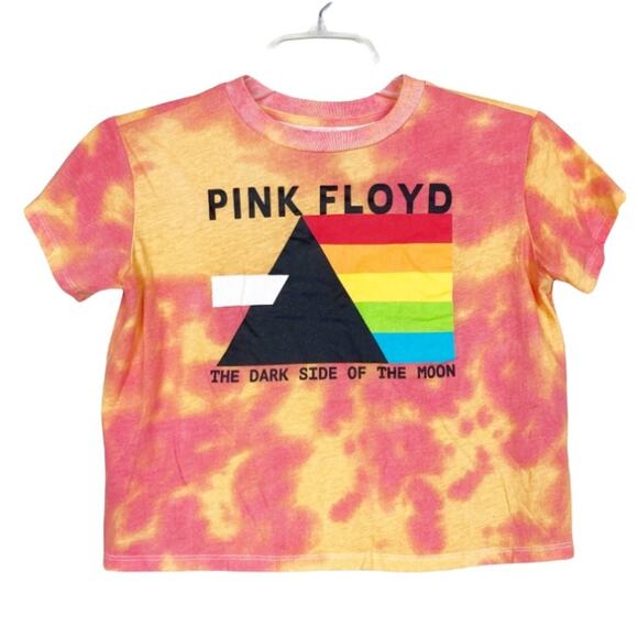 Pink Floyd Pink Yellow Tie Dye Cropped Graphic Tee Sz S - Picture 1 of 5
